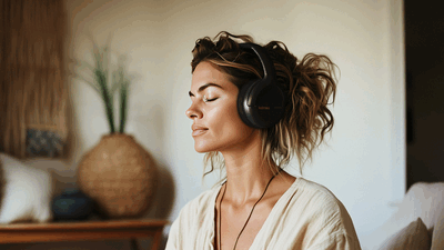 Vrouw met een ontspannen uitdrukking draagt grote hoofdtelefoon, zittend in een gezellige, lichte kamer.