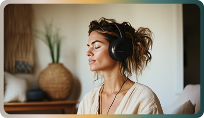 Vrouw met een ontspannen uitstraling, luistert naar muziek met hoofdtelefoon in een sfeervolle ruimte.