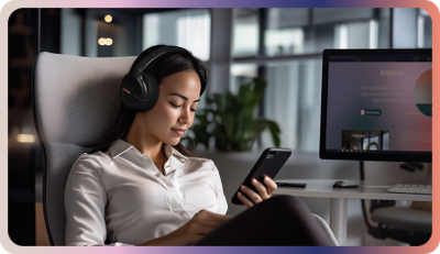 Vrouw met koptelefoon, zittend in een moderne kantooromgeving, kijkt op haar smartphone.