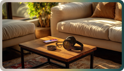 Een houten salontafel met een koptelefoon en een smartphone in een lichte woonkamer.