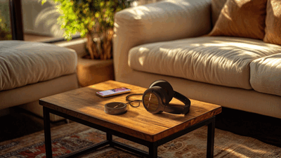 Een houten tafel met een paar draadloze koptelefoons, een smartphone en een middelgrote plant op de achtergrond.