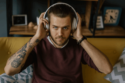 Junge man met een tatoeage die een koptelefoon draagt en naar de camera kijkt, zittend op een bank in een moderne ruimte.