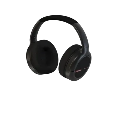 Zwarte draadloze koptelefoon met een modern ontwerp, geschikt voor muziek en telefoongesprekken.